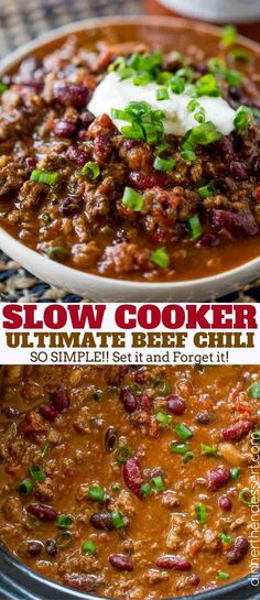 slow cooker ultimate beef chili recipe in a bowl with sour cream on top