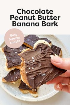 chocolate peanut butter banana bark on a plate with text overlay that reads, chocolate peanut butter banana bark easy freeze snack