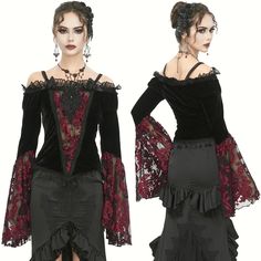 Gothic Mode, Sleeves Embroidery, Trumpet Sleeves, Style Gothic, Off Shoulder Shirt, Trumpet Sleeve, Red Collar