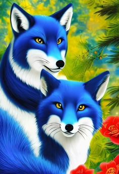 two blue foxes standing next to each other in front of red flowers and green leaves