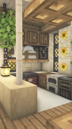 an image of a kitchen that is in minecraft with sunflowers on the counter