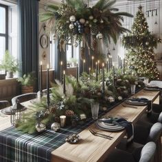 a dining room table decorated for christmas with pine cones and greenery