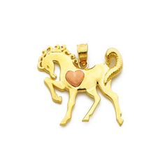 14k Yellow gold Horse charm with rose gold heart accent. Rose Gold Heart Charm For Valentine's Day, Rose Gold Heart-shaped Charm For Gift, Personalized Rose Gold Charms For Valentine's Day, Valentine's Day Rose Gold Heart Charm, Rose Gold Charms For Valentine's Day, Rose Gold 14k Gold Charms For Gifts, Gold Engraved Charms For Valentine's Day, Gold Horse, Rose Gold Heart