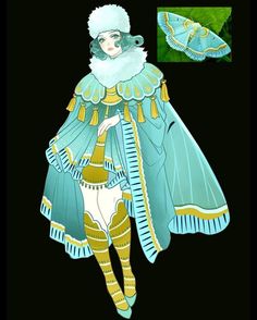 an illustration of a woman in a blue dress and white fur coat with gold trims