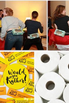 several pictures of people holding toilet paper in their hands and some with stickers on them