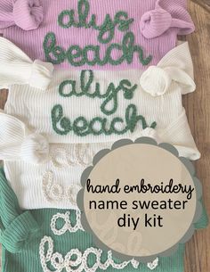 hand embroidery name sweater diy kit with text overlay that reads,'ugly beach club '