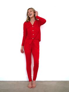 Red Pajamas Women, Postpartum Pajamas, Get Some Sleep, Red Pajamas, Red Romper, Womens Pyjama Sets, Matching Pajamas, High Waist Bottoms, Fashion Joggers