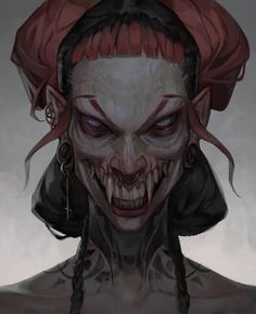 an evil looking woman with red hair and piercings on her head, wearing ear rings