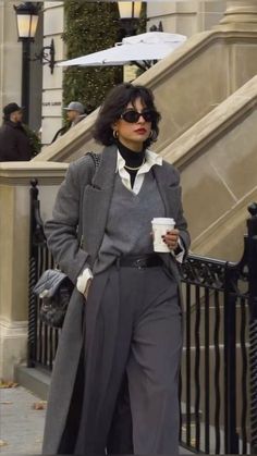 Walking Down The Street, Fall Outfits, A Woman, Walking, Coffee, Grey, Pants, Black, Trousers