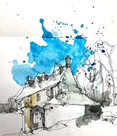 an ink drawing of a house with blue paint