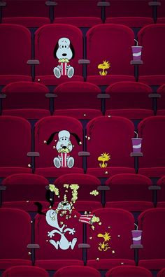 cartoon characters sitting in the middle of an empty theater auditorium with red seats and popcorn buckets