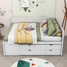 a twin bed with drawers underneath it and a rug on the floor next to it