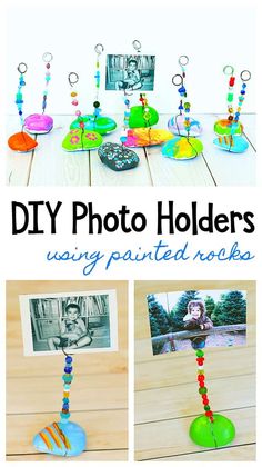 this is an image of diy photo holders using painted rocks and beaded beads