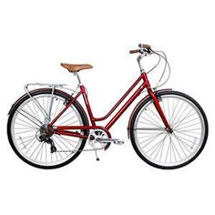 a red bicycle is shown against a white background