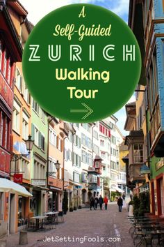 a street with people walking down it and the words, self guided zuhrich walking tour