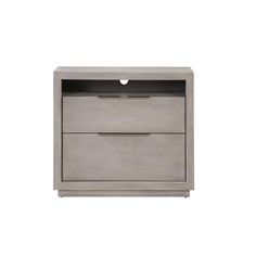 a grey nightstand with two drawers and one drawer open on the bottom, against a white background