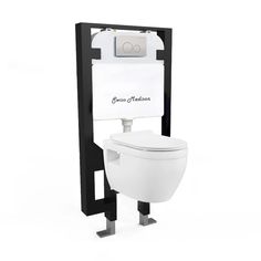 a white toilet sitting in front of a black stand with a sign attached to it