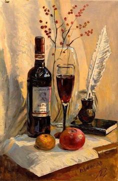 an oil painting of a bottle of wine and two apples on a table with a feather quill