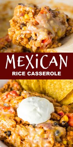 mexican rice casserole in a bowl with tortilla chips and sour cream