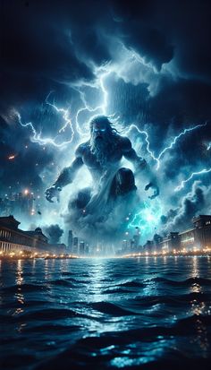 an image of a giant monster in the middle of water with lightning coming from it