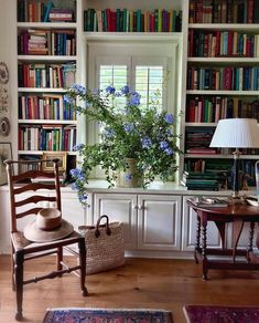 a living room filled with lots of books and furniture next to a window covered in blue flowers