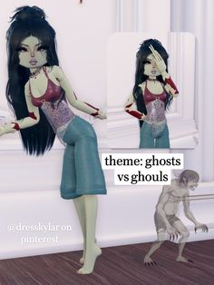 an animated image of a woman standing in front of a white wall with text that reads, theme ghost vs ghouls