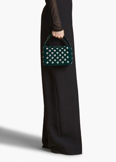 A sculptural, studded interpretation of a classic box bag at a compact scale. With integrated strap, zippered top, and internal slip pocket. Green Clutch With Detachable Strap For Formal Events, Green Pouch Box Bag For Evening, Formal Handheld Green Box Bag, Designer Green Box Bag For Formal Occasions, Green Rectangular Box Bag For Evening, Rectangular Green Box Bag For Evening, Green Evening Bag With Detachable Strap For Formal Occasions, Green Evening Bag With Detachable Strap For Formal Events, Luxury Green Box Bag For Formal Occasions