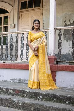 Saree Fabric : Handloom Raw Silk. Saree Color : Cream White. Saree Length : 5.5 Meter. Blouse Length : 0.8 Meter. Saree Work : Woven Design Butti. Saree Border : Yellow Woven Border. Wash : Dry Clean Saree Paithani, Saree Organza, Saree Kanjivaram, Tussar Saree, Saree Cotton, Saree Work, Saree Georgette, South Silk Sarees, Kanjivaram Saree