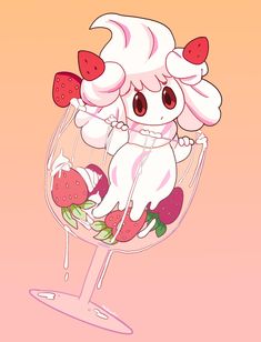 a cartoon character sitting in a wine glass filled with strawberries