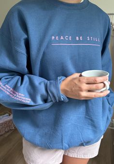 If you are looking for an oversized look, I would recommend sizing up 100% cotton Oversized Comfortable Sweatshirt With Graphic Print, Oversized Comfortable Sweatshirt With Letter Print, Oversized Cotton Sweater With Screen Print, Oversized Text Print Crew Sweater, Cozy Sweatshirt With Text Print And Relaxed Fit, Cozy Relaxed Fit Sweatshirt With Text Print, Peace Be Still, Christian Shirts Designs, Christian Merch