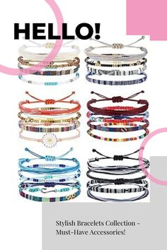 Variety of stylish bracelets from a collection showcasing different designs and colors, with the word 'HELLO!' prominently displayed at the top. Beaded Bracelets Simple, Bracelets Simple, Bracelets Collection