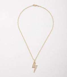 Add a jolt of style to any outfit with our Pave Lightning Bolt Necklace. Featuring a sparkling lightning bolt charm set in pave crystals, this necklace is an electrifying addition to any jewelry collection. Material: Micro pave cubic zirconia stones,18k solid gold filled Dimensions: 24"L , 1.25" pendant Weight: 0.30 oz. Designed in the USA, handcrafted in Brazil Lightning Bolt Necklace, Charm Set, Lightning Bolt, Micro Pave, Solid Gold, Gold Filled, Brazil, Cubic Zirconia, Jewelry Collection