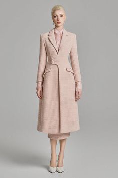 Lenora A-line Square Shoulder Tweed Calf Length Trench Coat | MEAN BLVD Luxury Fall Tweed Dress For Office, Luxury Fitted Tweed Dress, Luxury Tweed Dress For Fall Office Wear, Luxury Tweed Dress For Office In Fall, Luxury Fitted Tweed Dress For Office, Elegant Tweed Outerwear For Semi-formal Occasions, Elegant Beige Tweed Jacket For Formal Occasions, Elegant Semi-formal Tweed Outerwear, Luxury Fitted Tweed Office Dress