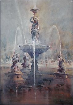 a painting of a fountain with people around it and water spouting from the top