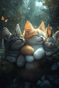 three kittens cuddle together in the forest with butterflies flying overhead and one cat sleeping on its back