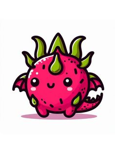 a pink monster with green horns and spikes on it's head, sitting in front of