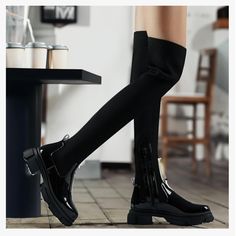 Shoe'n Tale Thigh High Boots Round Toe Mid Chunky Heel Stretch Over The Knee Boots For Women Size 6.5 Casual Knee-high Platform Boots For Night Out, Trendy Black Full Length Boots, Black Full Length Trendy Boots, Trendy Full Length Black Boots, Black Over-the-knee Platform Boots For Winter, Black Over-the-knee Winter Boots, Black Over-the-knee Boots For Fall, Casual Over-the-knee Fitted Platform Boots, Casual Black Thigh High Platform Boots