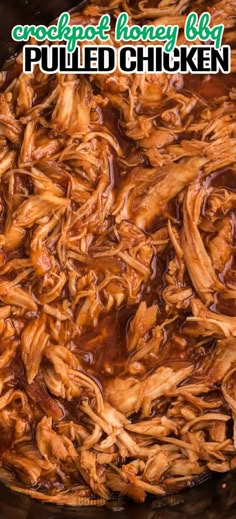 slow cooker bbq pulled chicken in a pan with a wooden spoon and text overlay