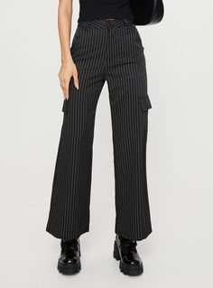 Striped cargo pants   High rise, four pocket design, belt looped waist, wide leg, button & zip fastening at front   Non-stretch, unlined  65% polyester 35% rayon  Cold hand wash Striped Cargo Pants, Tailored Pants Women, Cargo Pants Black, Festival Pants, Fleece Dress, Lady Grey, Outerwear Outfit, Striped Leggings, Casual Tank Tops