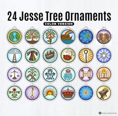 the cover of 24 jesse tree ornaments is shown in different colors and designs, including symbols