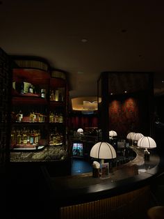 a dimly lit bar with two lamps on it's counter and shelves in the background