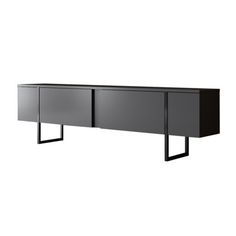 the sideboard is black and has two doors on each side, one door open to reveal