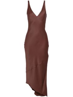 The JW Anderson V-neck crepe midi dress features a V-neck, sleeveless design, and a V-back. It is crafted from crepe fabric and has a side slit and an asymmetrical hem. The dress is mid-length and unlined. The fabric composition is 78% acetate and 22% viscose. Chocolate Dress, Summer Gowns, 90s Y2k Fashion, Crepe Midi Dress, Spring Dresses Casual, Brown Satin, Fashion Aesthetics, Mood Board Fashion, Mini Slip Dress