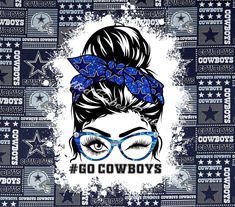 a woman wearing glasses and a bandana with the words go cowboys on her head