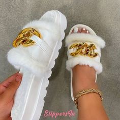 white, brown, black colors in stock, shop at www.slippersin.com Slipper Shoes Women, White Slippers, Comfy Flats, Fashion Slippers, Chic Type, Fur Slippers, Comfortable Flats, Fashion Sandals, Open Toe Sandals