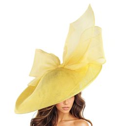 Hats By Cressida Kentucky Derby Ascot Fascinator Hats Lemon Yellow Barn Owl Fascinator Hat Gorgeous extra large lemon yellow sinamay flat saucer hatinator trimmed with a yellow modern take on a bow This lemon yellow fascinator measures 48cm wide or about 19 inches This headpiece is mounted with a matching headband.   If you prefer a headband to match your hair, please make a note at check out what colour headband you want. Our Barn Owl Saucer Fascinator Hatinator that's perfect for any formal occasion, wedding, horse racing events like the Kentucky Derby, Ascot,Dubai World Cup and Glorious Goodwood.  Featuring an extra large sinamay flat saucer base and sinamay bow, this elegant cocktail hat is ideal for women who want to make a statement at the Epsom Derby,Kentucky Oaks, Preakness or moth Summer Party Cloche Boater Hat, Brimmed Headpiece For Royal Ascot, Wide Brim Party Hat With Bow, High Crown Hats For Spring, Summer Cloche Fascinator, Party Hat With Bow And Curved Brim, Spring Party Top Hat With Wide Brim, Spring Party Wide Brim Top Hat, Elegant Spring Straw Hat With Bow