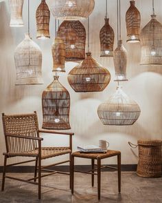 wicker lamps hang from the ceiling in a room