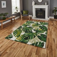 Elegant Green Tropical Leaf Area Rug - Vibrant Botanical Design - Multiple Sizes Tropical Library, Tropical Trend, Hangout Room, Theme Bedroom, Inspired Bedroom, Rug Inspiration, Primary Bedroom, Florida House, Themed Room