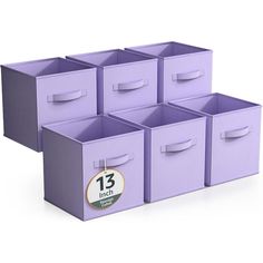 six purple storage bins with the number 13 inch on each one side and three different sizes