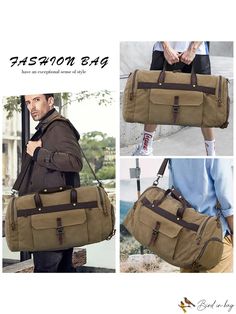 BirdinBag - Oversized Leather Weekend Travel Bag - Waterproof Duffel, Canvas Overnight Carryon Weekend Travel, Weekend Bag, Travel Duffel, Word Wrap, Leather Travel, Weekend Trips, Color Khaki, Weekender Bag, Luggage Bags